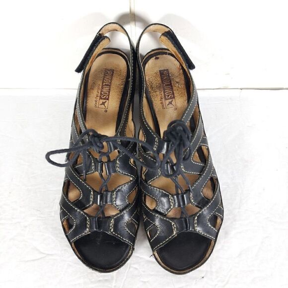 Pikolinos Women's US7-7,5 EU38 Java Black Leather Peep Toe Slingback Sandals - Picture 5 of 16